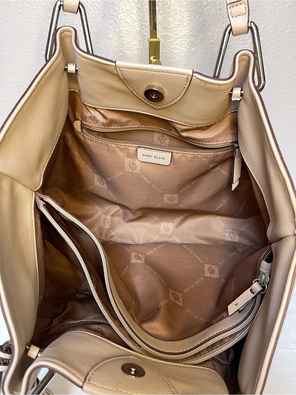 Anne Klein Taupe Vegan Pebbled Texture Tote with Lion & Tassel Charms - Picture 11 of 16